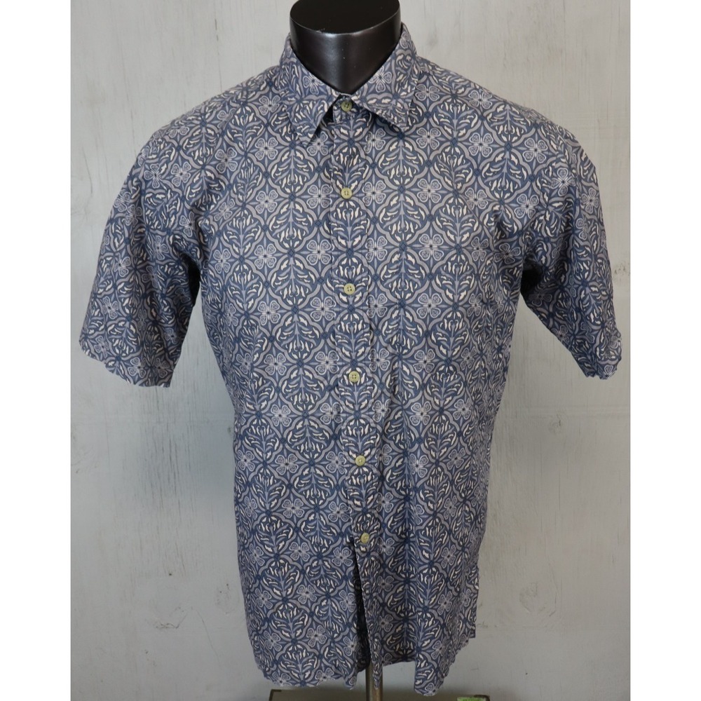 Ono Liberty House‎ Hawaiian Shirt Button Front L Blue Geometric Floral Cotton